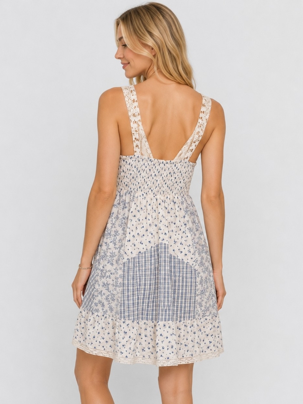 American Eagle Blue and White Patchwork Lace-Trim Mini Dress - Picture 2 of 7
